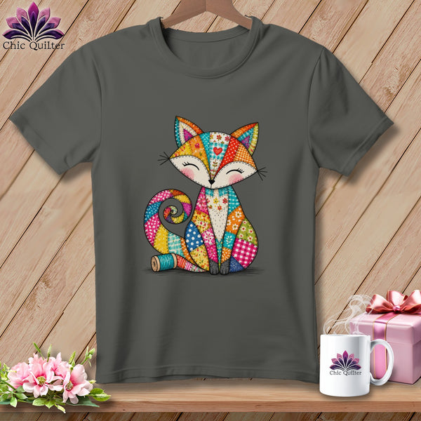 Dark gray t-shirt featuring a colorful, patterned patchwork fox graphic on the front.