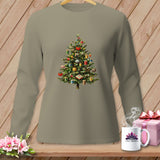 Long-sleeved grey shirt with a Christmas tree decorated with spools of thread.
