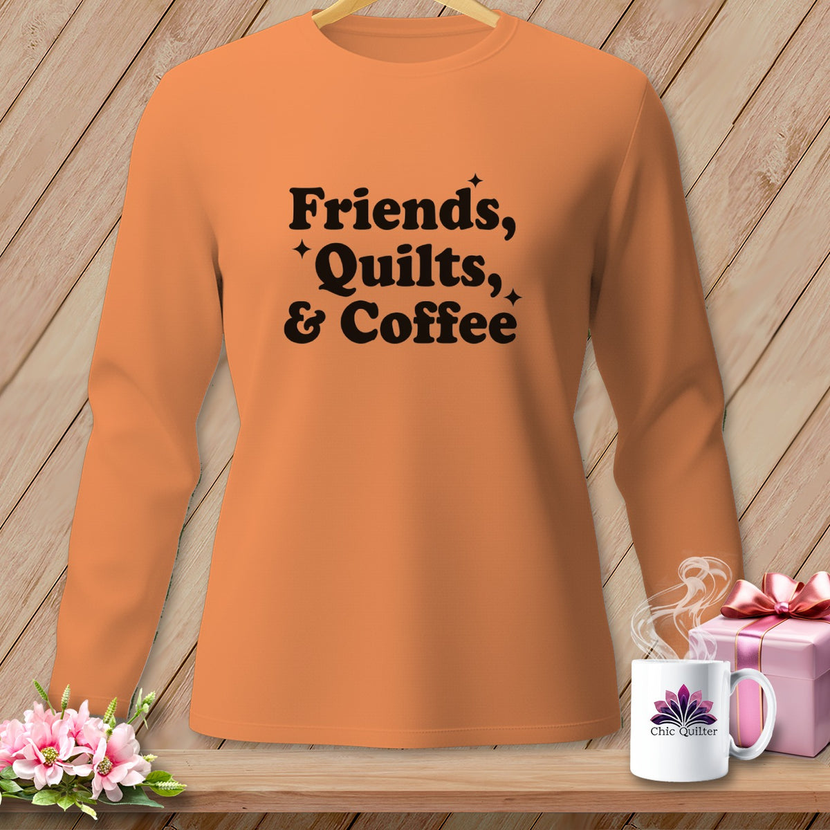 Orange long-sleeve shirt with "Friends, Quilts, & Coffee" text.