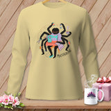 Spider at sewing machine with scissors and coffee, text 