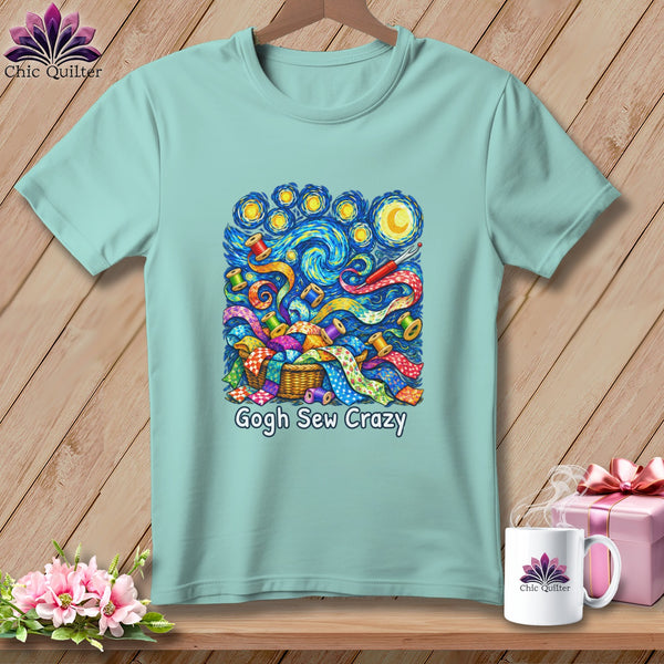 Light blue t-shirt with a whimsical sewing-themed print in a Van Gogh style, reads "Gogh Sew Crazy".