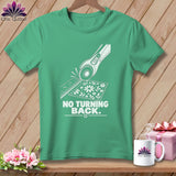 Green t-shirt with white graphic of rotary cutter, ruler, fabric, and text 