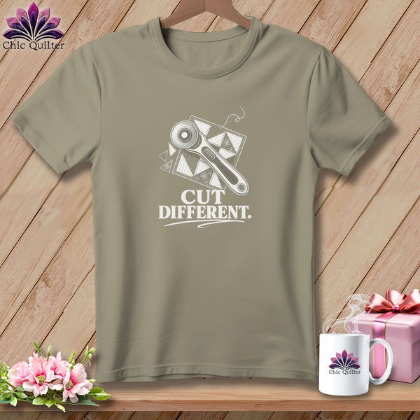 Olive t-shirt with "CUT DIFFERENT." text and rotary cutter graphic.