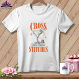 White t-shirt graphic: margarita glass with cross-stitch pattern and needle, 