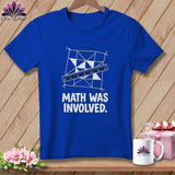 Blue t-shirt with a white quilt pattern, ruler, and text 