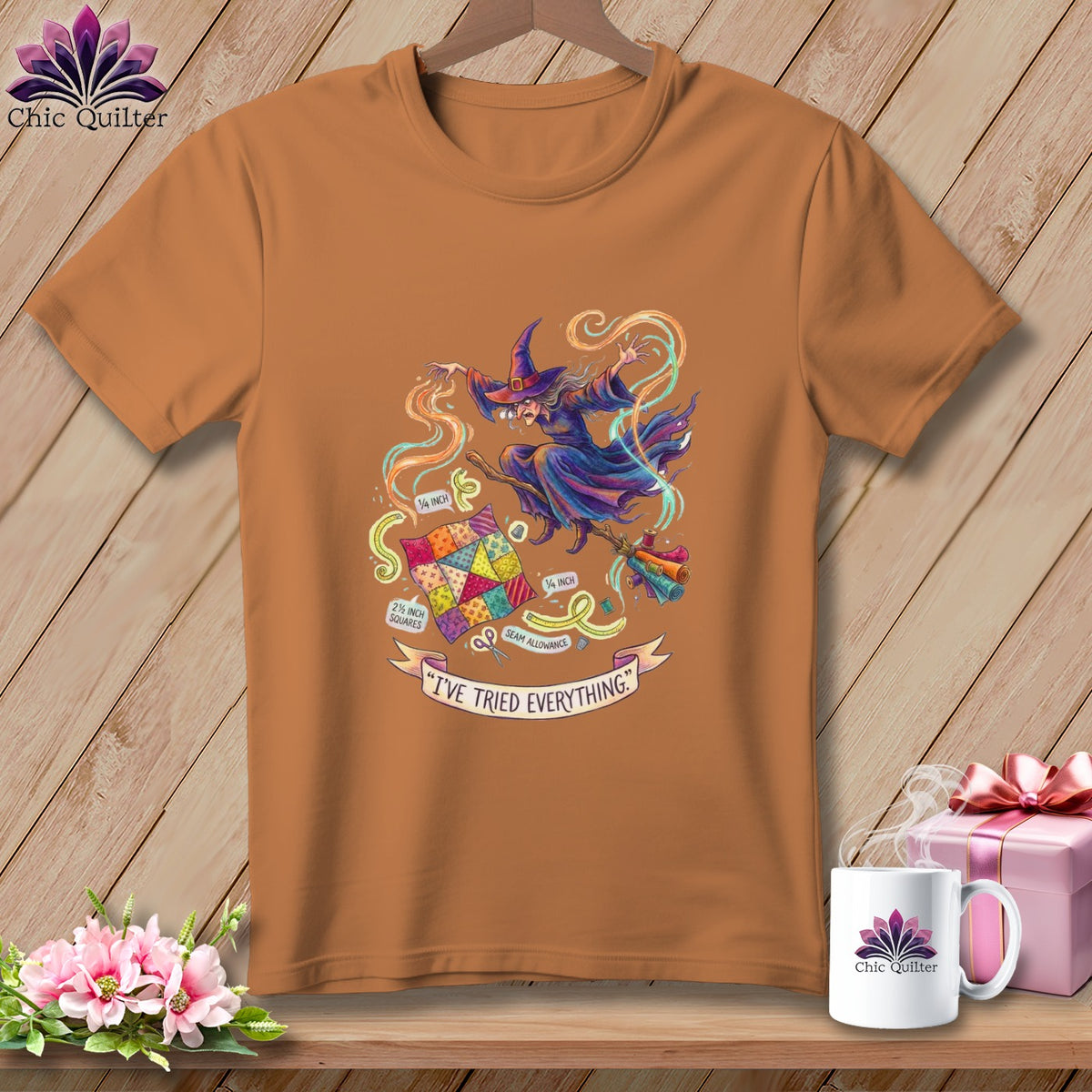 Orange t-shirt with witch and quilting elements, "I'VE TRIED EVERYTHING."