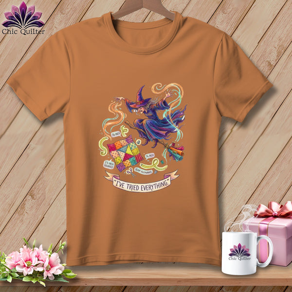 Orange t-shirt with witch and quilting elements, "I'VE TRIED EVERYTHING."