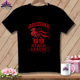 Black t-shirt featuring a red cardinal graphic, the text Arizona 99 Stash League, and a sewing needle.