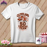 White t-shirt featuring a Cleveland Bulldog graphic with text reading 50 Thread Team on a wooden background.