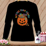 Black long-sleeve shirt with a pumpkin filled with sewing notions and text 