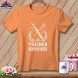 Orange t-shirt with white sewing graphic and text 
