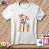 A white crewneck t-shirt featuring a colorful, abstract illustration of a scruffy dog on a wooden background.