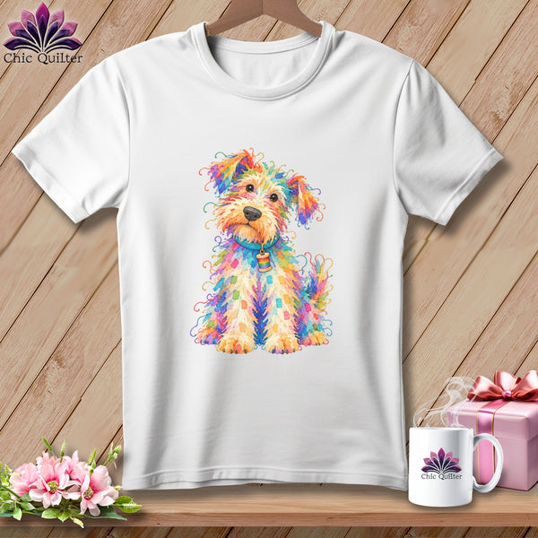 A white crewneck t-shirt featuring a colorful, abstract illustration of a scruffy dog on a wooden background.