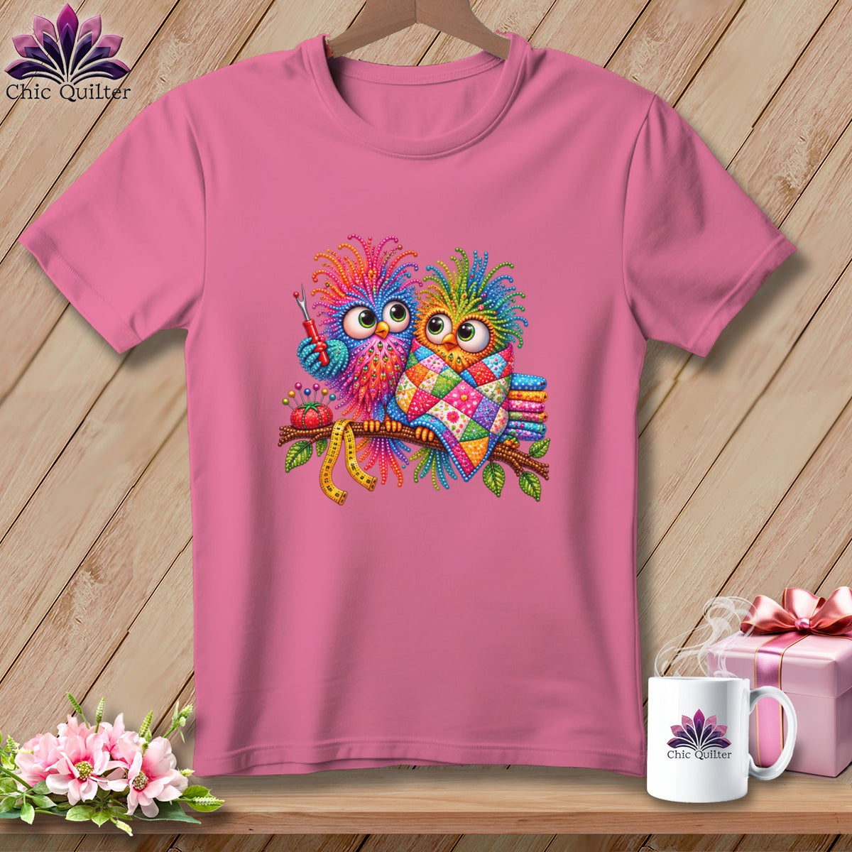 A pink t-shirt featuring two colorful cartoon owls on a branch with sewing accessories.