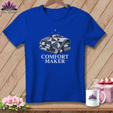 Royal blue t-shirt with a folded quilt graphic and the text 