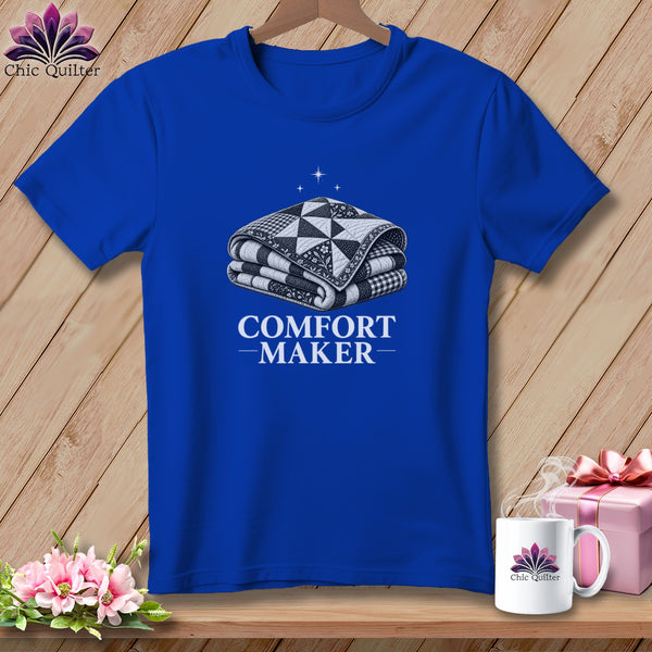 Royal blue t-shirt with a folded quilt graphic and the text "COMFORT MAKER".