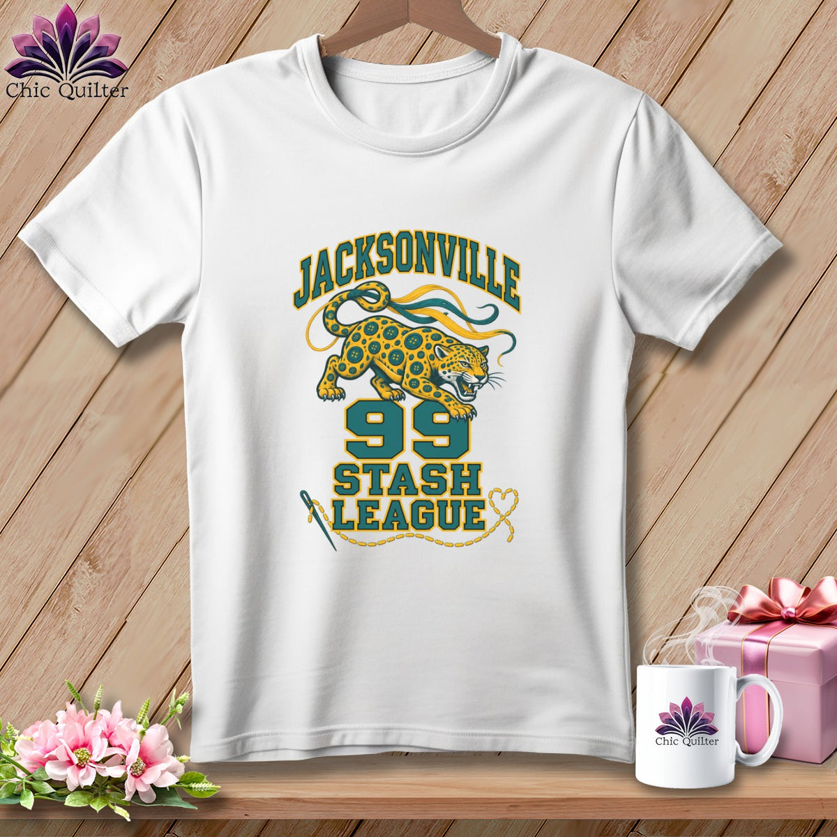 A white crewneck t-shirt featuring a Jacksonville 99 Stash League graphic with a leopard illustration.