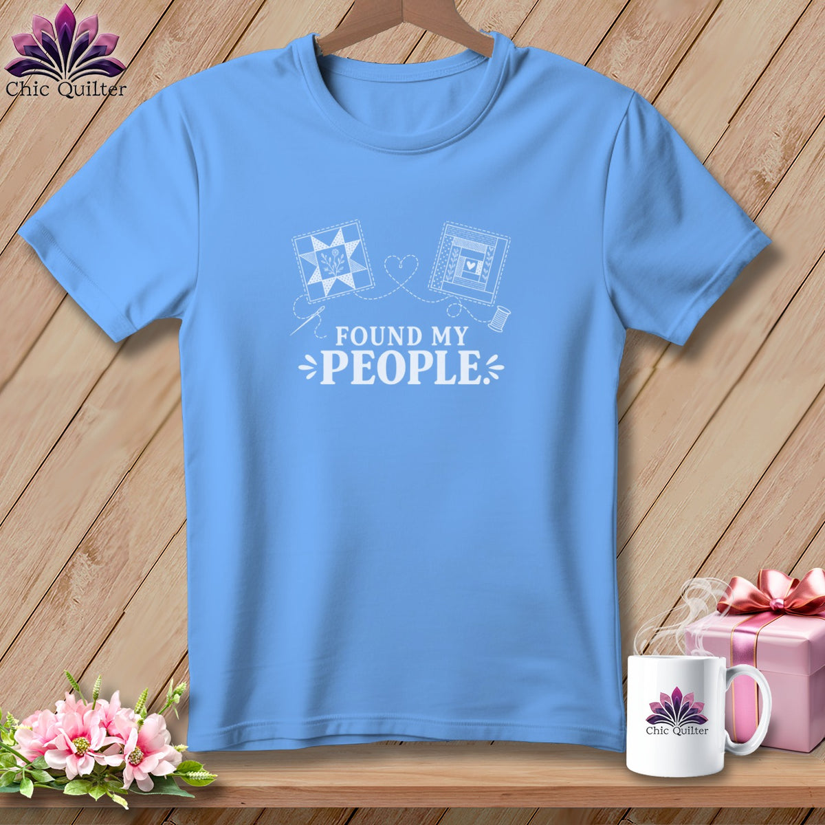 Light blue t-shirt with "FOUND MY PEOPLE" text and quilting graphic.