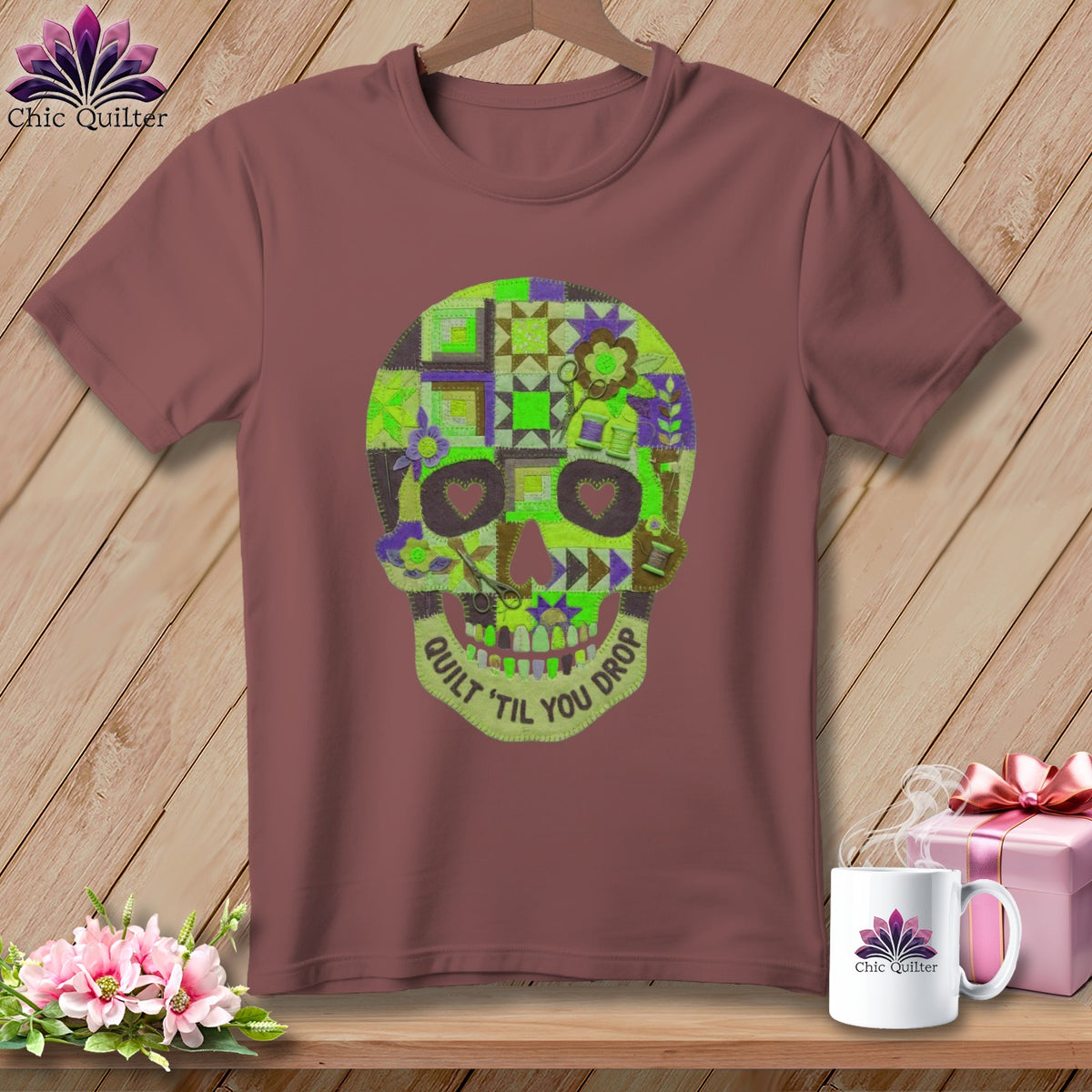 T-shirt with a quilted skull graphic and "Quilt 'til you drop" text.