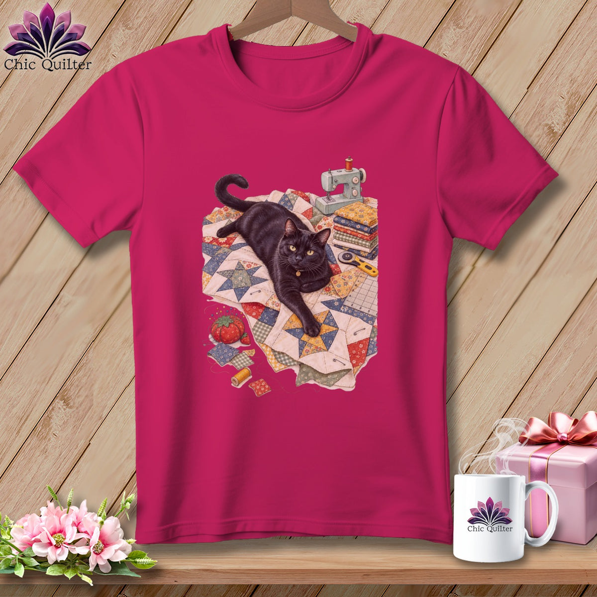 Black cat on quilt with sewing machine, fabric, and notions.