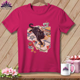 Black cat on quilt with sewing machine, fabric, and notions.