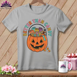 Gray t-shirt with Halloween pumpkin bucket of sewing supplies and 