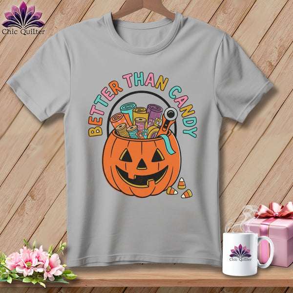 Gray t-shirt with Halloween pumpkin bucket of sewing supplies and "Better Than Candy" text.