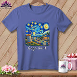 Purple t-shirt with a quilt pattern under a starry night sky with a spool of thread.