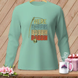 Light teal long-sleeved shirt with needle and bobbin graphic and text.