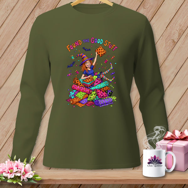 Illustration of a witch surrounded by colorful fabric rolls with "Found the good stuff" text.