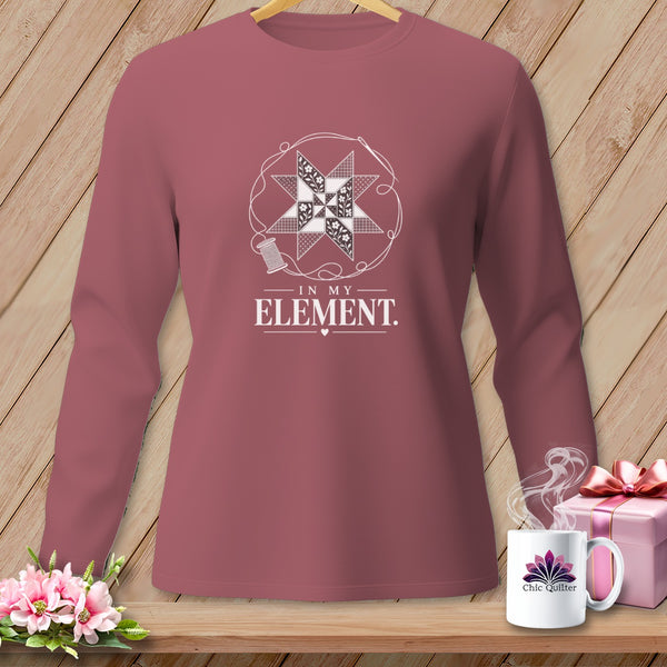 Long sleeve shirt with "IN MY ELEMENT." and quilted star graphic.