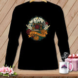Black long sleeve shirt with a Halloween-themed sewing graphic reading 