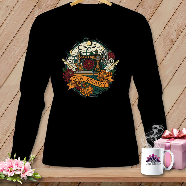 Black long sleeve shirt with a Halloween-themed sewing graphic reading "Sew Spooky".