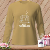 Long-sleeved shirt with a sewing machine graphic and text 