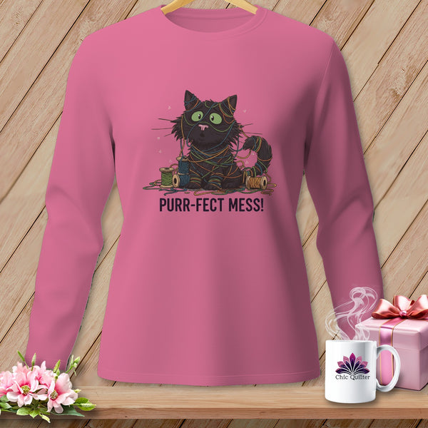 Pink long-sleeve shirt with a tangled black cat illustration saying "Purr-fect Mess!"