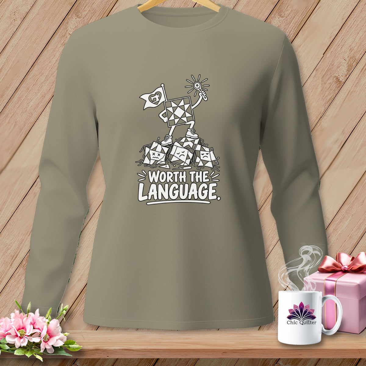 Quilt block character stands on unhappy quilt blocks with "Worth the Language" text.