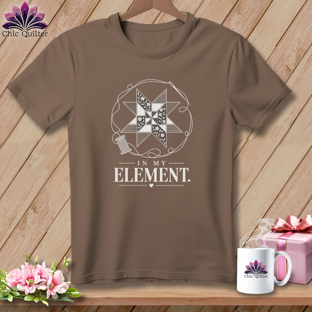 Brown t-shirt with a quilting design and the text "IN MY ELEMENT."