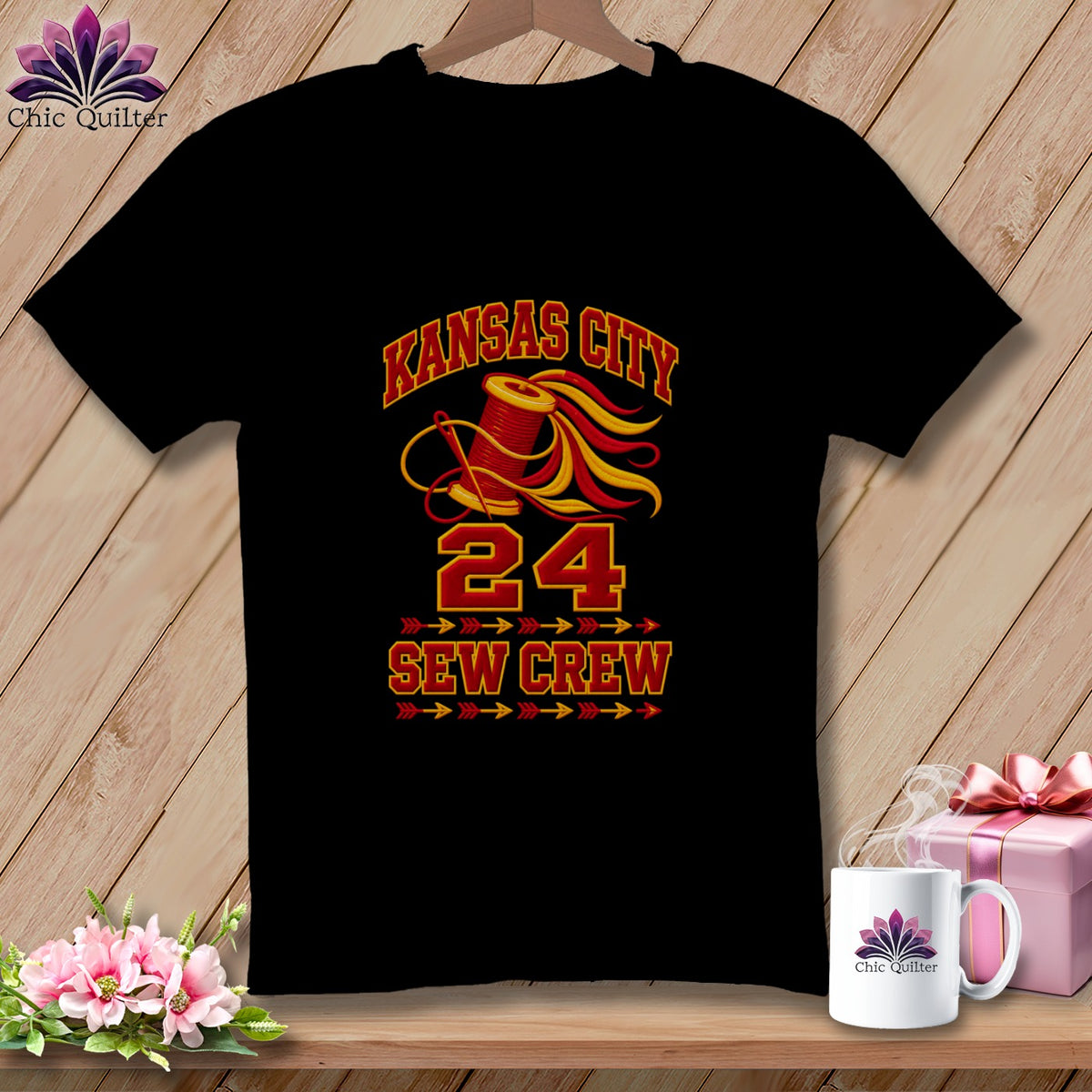 Black t-shirt featuring Kansas City Sew Crew text, a spool of thread, needle, and number 24.