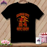 Black t-shirt featuring Kansas City Sew Crew text, a spool of thread, needle, and number 24.
