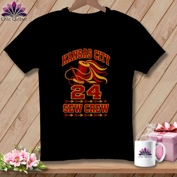 Black t-shirt featuring Kansas City Sew Crew text, a spool of thread, needle, and number 24.