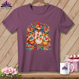 Plum-colored t-shirt featuring a graphic of three cute chickens wearing glasses and holding quilt blocks.
