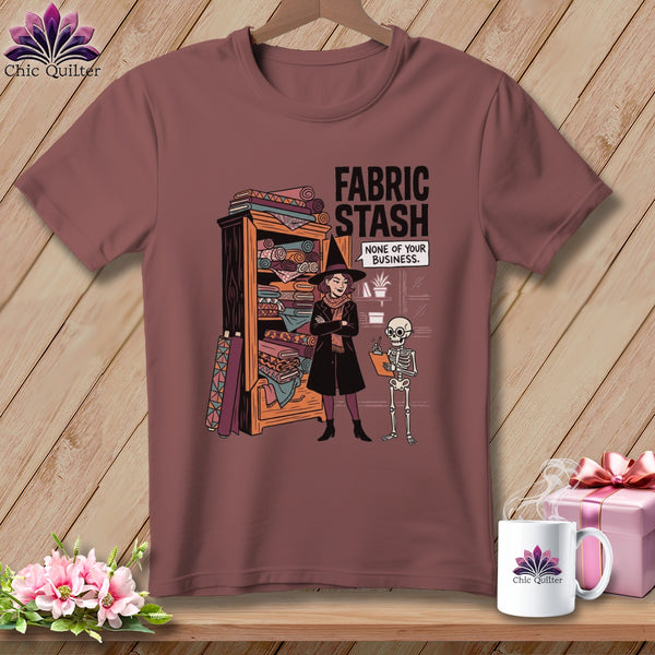 Witch and skeleton in front of fabric stash with text "Fabric Stash None of Your Business".