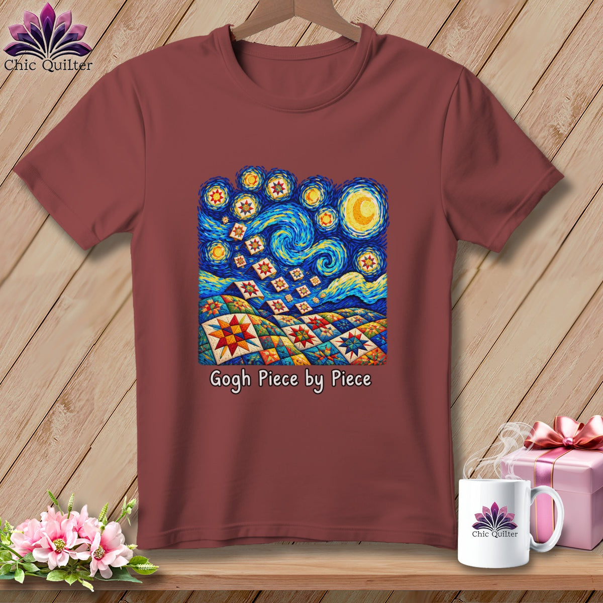 Maroon t-shirt with a Van Gogh-inspired quilt design and text "Gogh Piece by Piece".