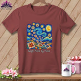 Maroon t-shirt with a Van Gogh-inspired quilt design and text 