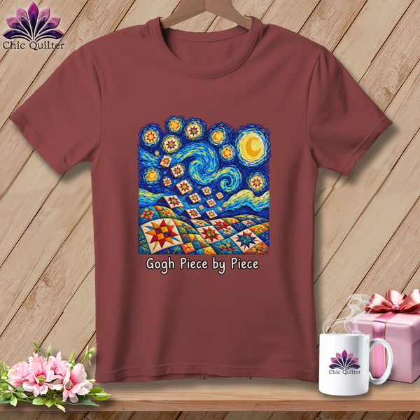 Maroon t-shirt with a Van Gogh-inspired quilt design and text "Gogh Piece by Piece".