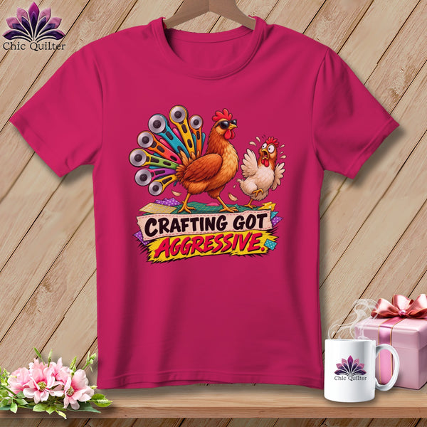 Two cartoon chickens with rotary cutters for a tail, text reads "CRAFTING GOT AGGRESSIVE".