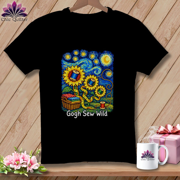Black t-shirt with sunflowers, sewing basket, and "Gogh Sew Wild" text.