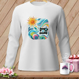 White long-sleeve shirt with a colorful quilting design featuring a sun and sewing machine.