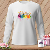 White sweatshirt with colorful sewing notions, spools of thread, scissors, and pins.