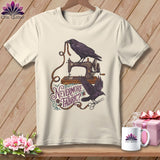 Cream t-shirt with ravens, sewing machine, tape measure, scissors, and 